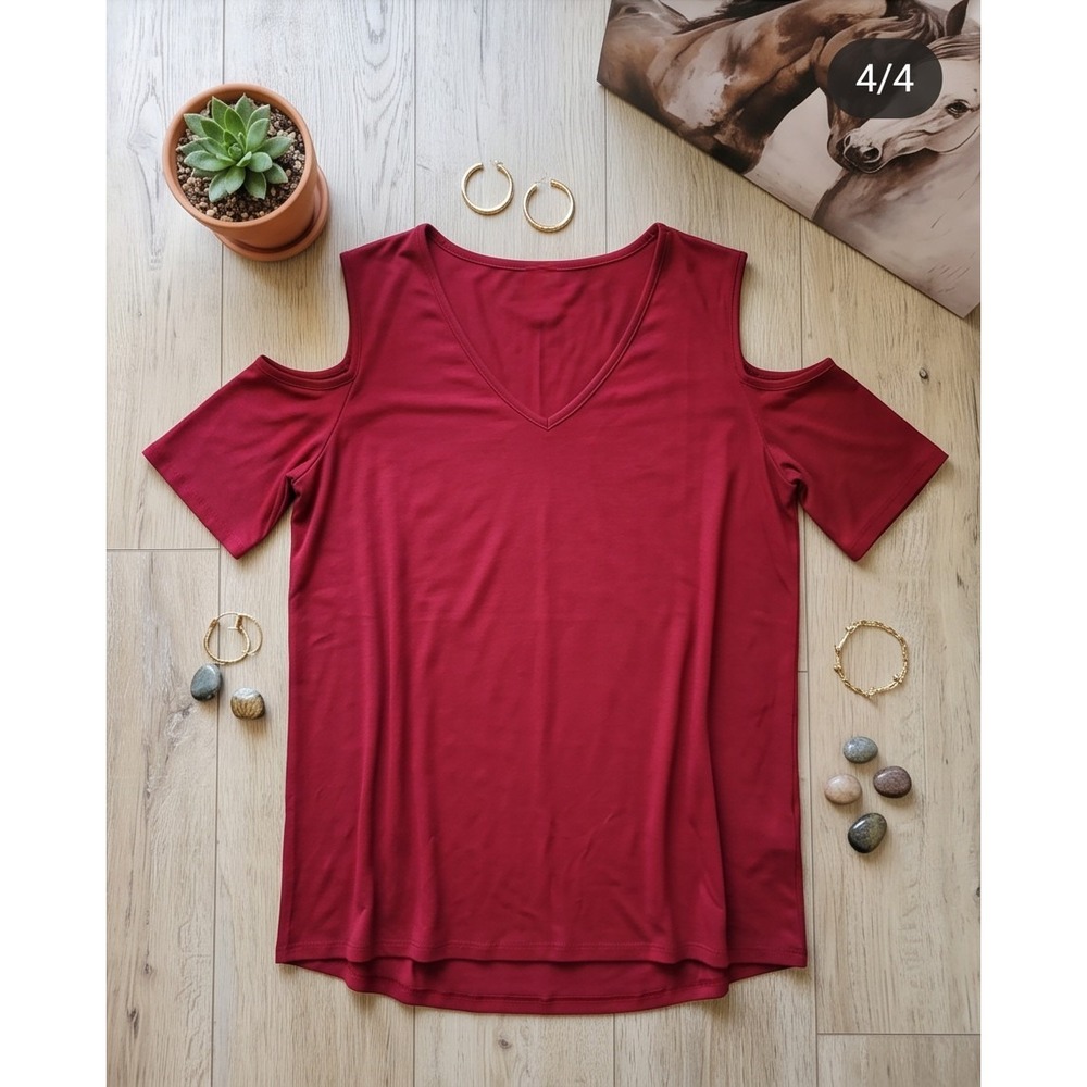 Womens Deep Red Cold Shoulder Short‎ Sleeve Swoop Neck Top Plus Size 3XL 26/28W